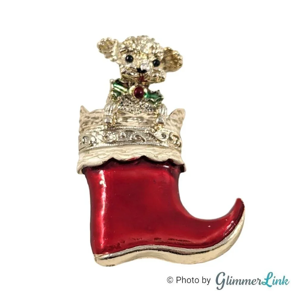 Vintage Gerry's Puppy Dog Christmas Stocking Light Gold Tone Brooch Pin